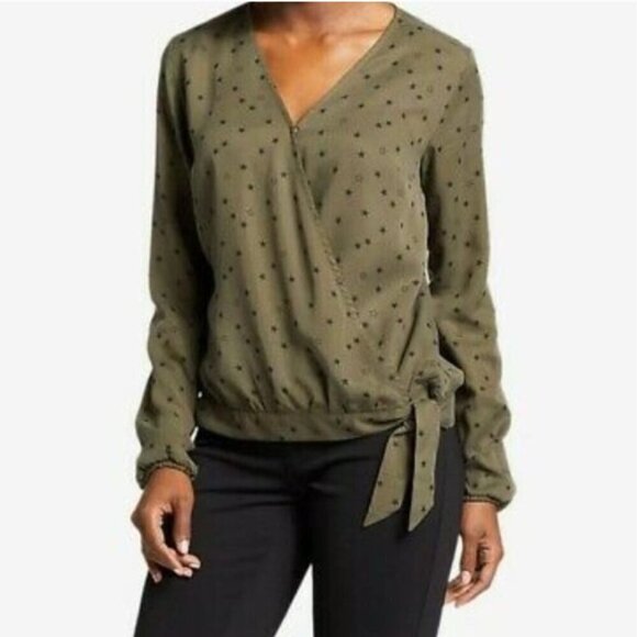 EDDIE BAUER Faux Wrap Surplice Neck Star Print Olive Army Green Top Blouse M - Picture 1 of 2